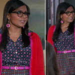 Mindy’s red and pink cardigan, tweed skirt and pink earrings on The Mindy Project