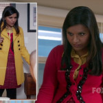 Mindy’s yellow coat with pink and black encrusted cardigan and yellow studded shirt on The Mindy Project