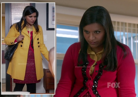 Mindy’s yellow coat with pink and black encrusted cardigan and yellow studded shirt on The Mindy Project