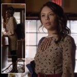 Mona’s beige bird print dress on Pretty Little Liars