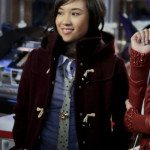 Mouse’s burgundy toggle coat and polka dot tie on The Carrie Diaries