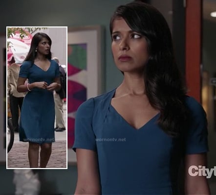 Padma's teal blue v-neck dress on Revenge