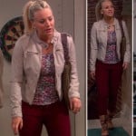 Penny’s pink leopard print top with cream jacket and dark red jeans on The Big Bang Theory