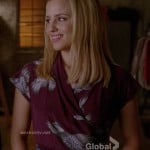 Quinn’s burgundy bird print wrap dress and blue feather belt on Glee