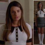 Rachel Berry’s black and white check skirt and collar print sweater on Glee