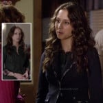 Spencer’s black blazer with patterned trim and green polka dot shirt with plaid collar and cuffs on Pretty Little Liars