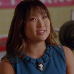 Tina’s blue shift dress with black and white brooch on Glee