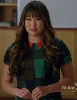 Tina’s green check print dress with orange collar on Glee