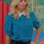 Alex’s turquoise blue blouse with studded shoulders and white collar on Happy Endings