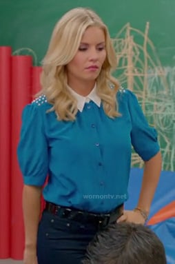 Alex’s turquoise blue blouse with studded shoulders and white collar on Happy Endings