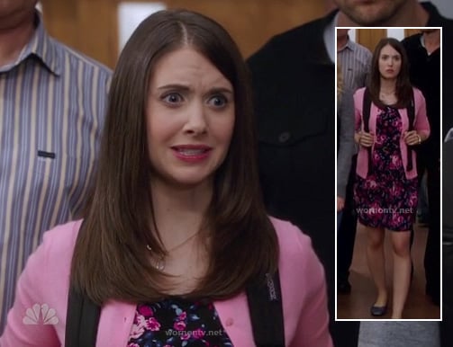 Annie's black and pink floral dress with pink cardigan on Community