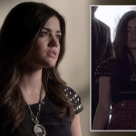 Aria’s black top with studded sleeves and red striped skirt on Pretty Little Liars