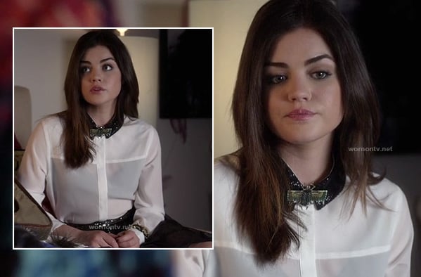 Aria's white blouse with black sequinned collar and bug brooch on Pretty Little Liars