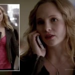 Caroline’s pink lace top, black zip jacket and wishbone necklace on The Vampire Diaries