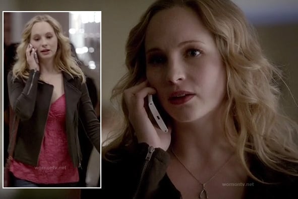 Caroline's pink lace top, black zip jacket and wishbone necklace on The Vampire Diaries