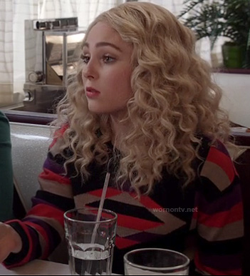 Carrie's black, purple and pink geo stripe sweater on The Carrie Diaries