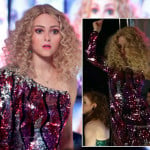 Carrie’s pink sequinned one shoulder/sleeve dress on The Carrie Diaries