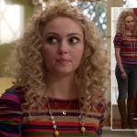 Carrie’s rainbow striped top with ruched sleeves and brown boots on The Carrie Diaries