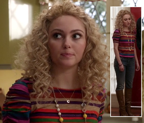 Carrie's rainbow striped top with ruched sleeves and brown boots on The Carrie Diaries