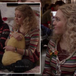 Carrie’s striped ruffle cardigan and black heart print jeans on The Carrie Diaries