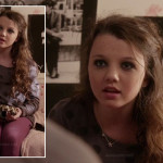 Dorrit’s grey polka dot sweater, magenta purple tights and star necklace on The Carrie Diaries