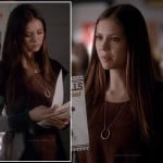 Elena’s grey striped cardigan and crescent/circle necklace on The Vampire Diaries