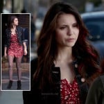 Elena’s red and white dress with denim jacket and leather ankle boots on The Vampire Diaries