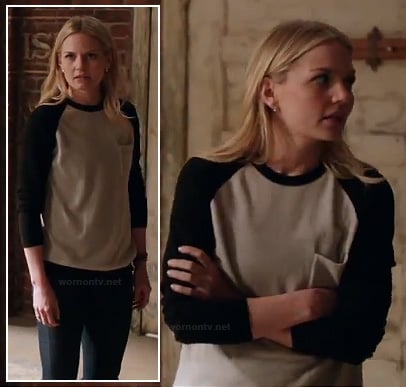 Emma's black and white baseball tee on Once Upon a Time