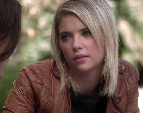Hanna's tan brown quilted jacket on Pretty Little Liars