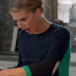 Jane’s navy blue and green sweater with elbow patches on Happy Endings