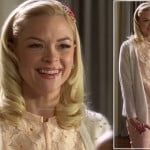 Lemon’s white cardigan with rhinestone studded shoulders and peach lace blouse on Hart of Dixie