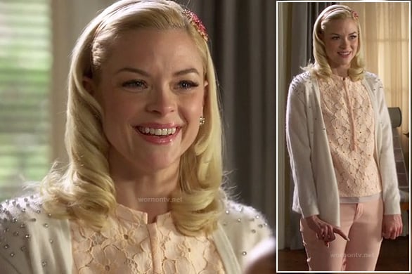 Lemon's white cardigan with rhinestone studded shoulders and peach lace blouse on Hart of Dixie