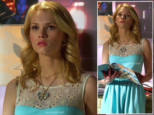 Magnolia's blue and white eyelet dress and butterfly necklace on Hart of Dixie