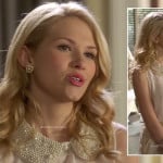 Magnolia’s white blouse with pearl peter pan collar and gold heart stud earrings on Hart of Dixie