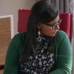 Mindy’s black and white printed shirt with green cardigan and star earrings on The Mindy Project