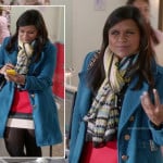 Mindy’s blue coat with red/black/white colorblock skirt and green scarf on The Mindy Project