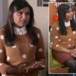 Mindy’s light brown polka dot sweater and tweed skirt on The Mindy Project