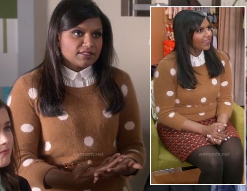 Mindy's light brown polka dot sweater and tweed skirt on The Mindy Project