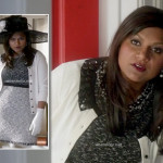 Mindy’s grey tweed dress and white cardigan with black jeweled collar on The Mindy Project