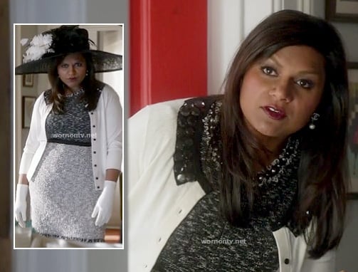 Mindy's grey tweed dress and white cardigan with black jeweled collar on The Mindy Project