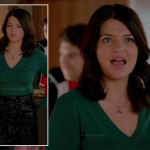 Penny’s green v-neck sweater and black jacquard skirt with damask print on Happy Endings