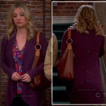Penny’s purple ribbed cardigan with buttons down the back on The Big Bang Theory
