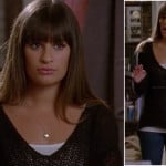 Rachel’s black v-neck open knit sweater on Glee