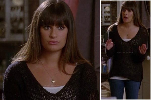 Rachel's black v-neck open knit sweater on Glee