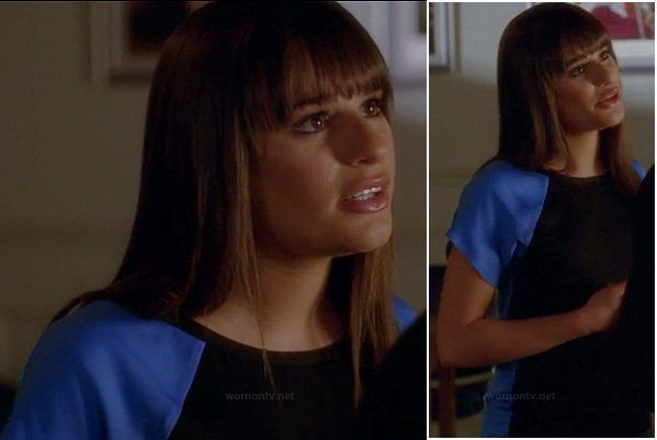 Rachel's black and blue colorblock top on Glee