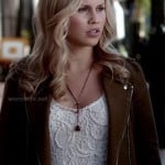 Rebekah’s white crochet lace top and moto jacket on The Vampire Diaries