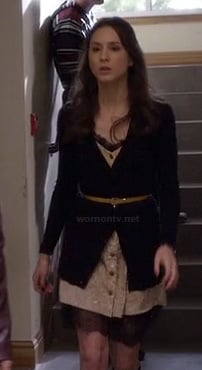 Spencer's yellow button front dress with black lace on Pretty Little Liars