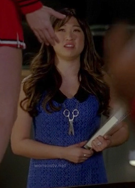 Tina’s blue lace dress with scissors necklace on Glee
