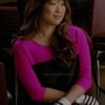 Tina’s pink and black colorblock dress and striped fingerless gloves on Glee