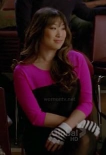 Tina's pink and black colorblock dress and striped fingerless gloves on Glee